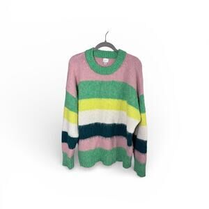A New Day Pink & Green Striped Fuzzy Long Sleeve Sweater Plus Size 2X